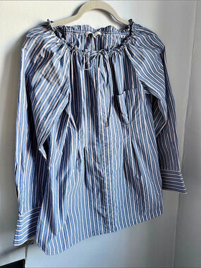 Tibi Garcon Off Shoulder Striped Poplin Top Blue & White Size 8